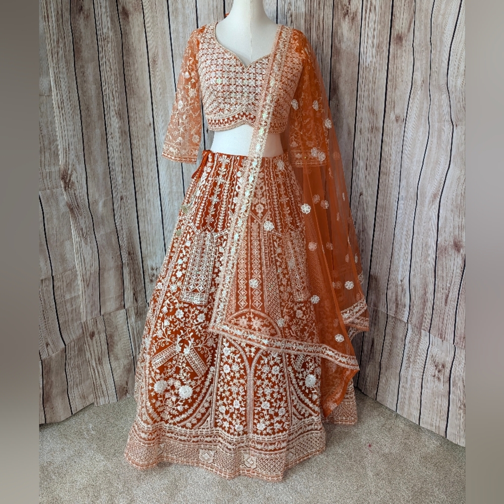 Indian wedding Orange & Ivory Embroidery lehenga choli